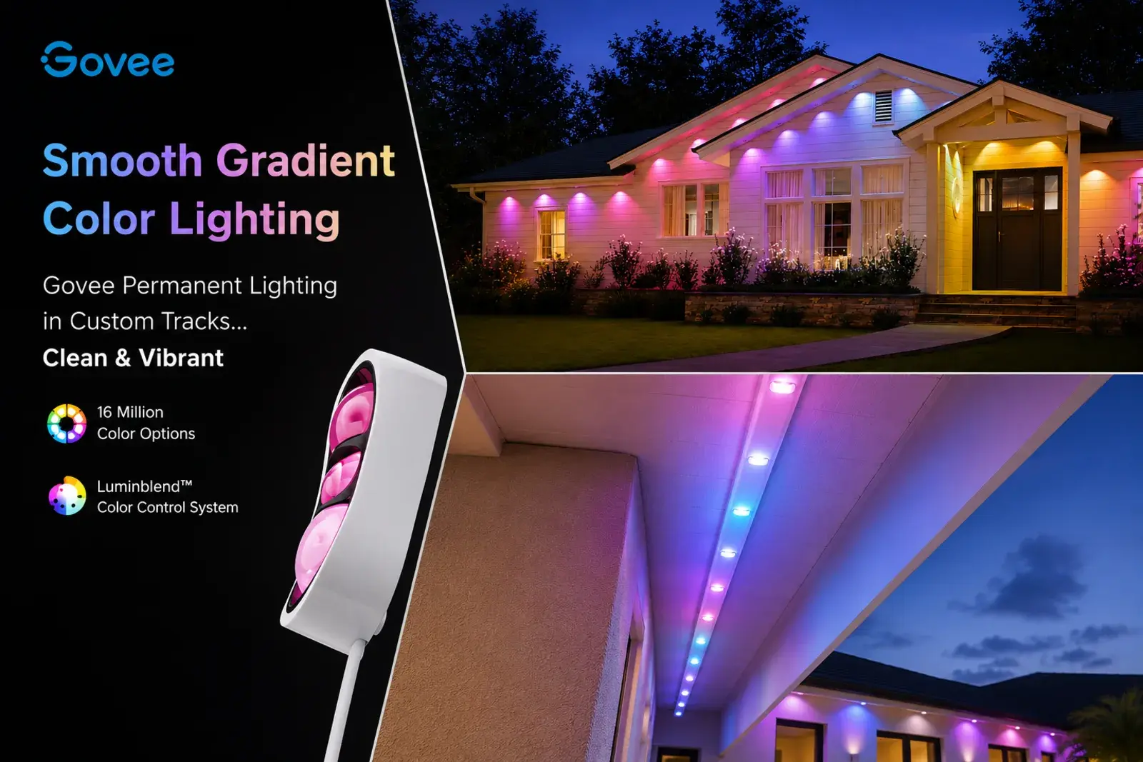 Govee permanent outdoor lights installed in clean custom tracks on a Corpus Christi home